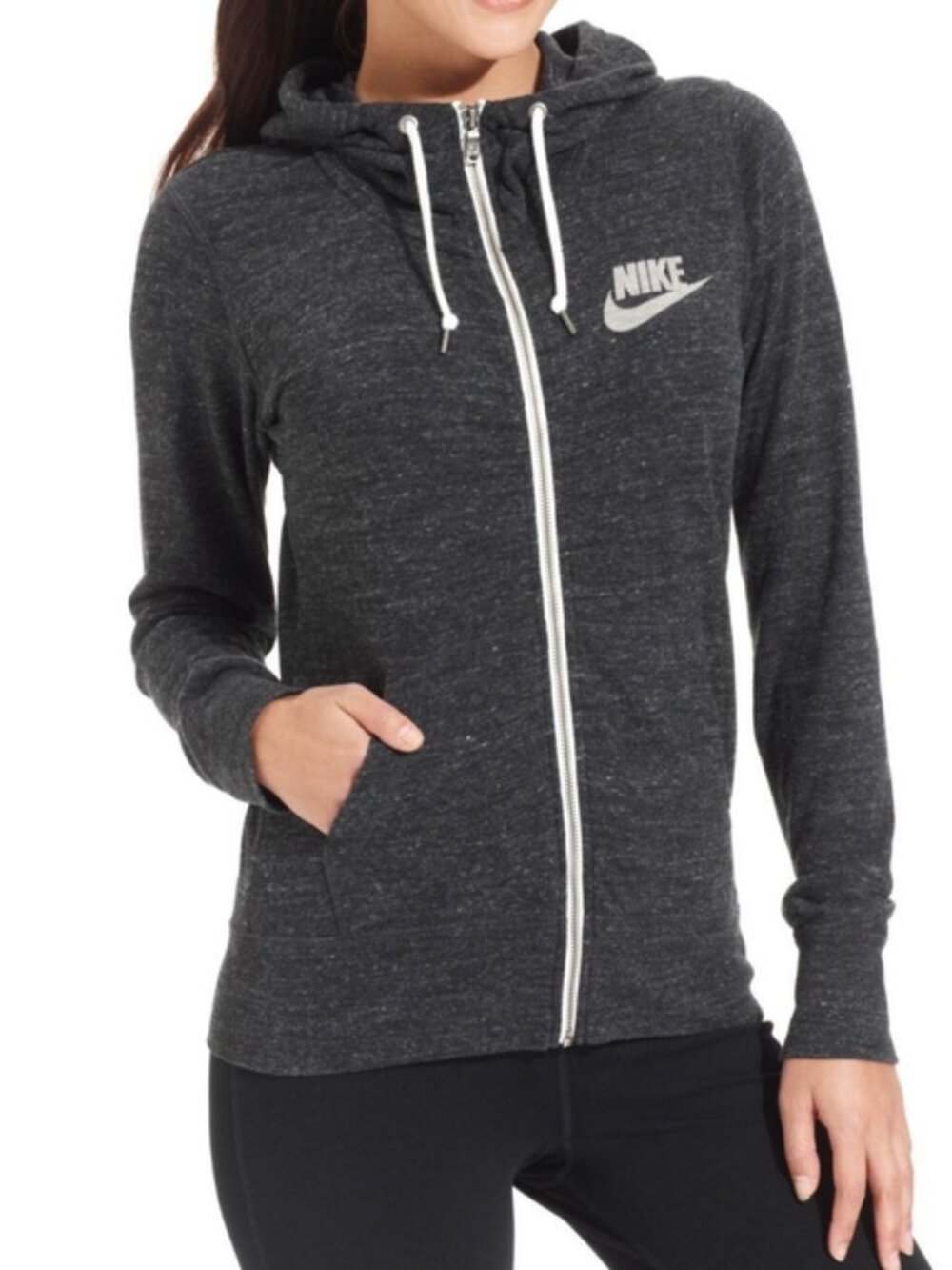 Nike Women's Black Heather Essentials Long Sleeve Full Zip Hoodie Size L